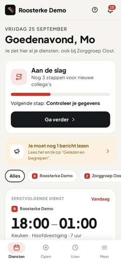 Roosterke-app: startscherm met de eerstvolgende dienst