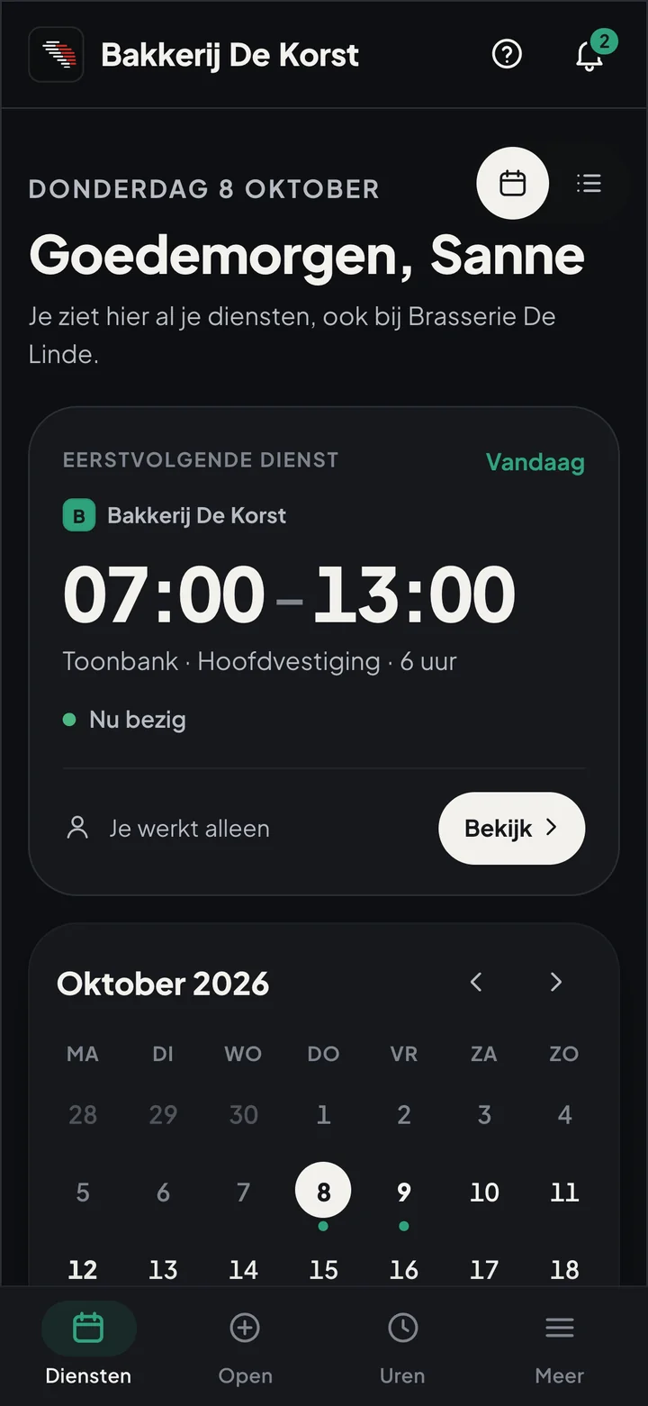 Roosterke-app: de eerstvolgende dienst en de maandkalender