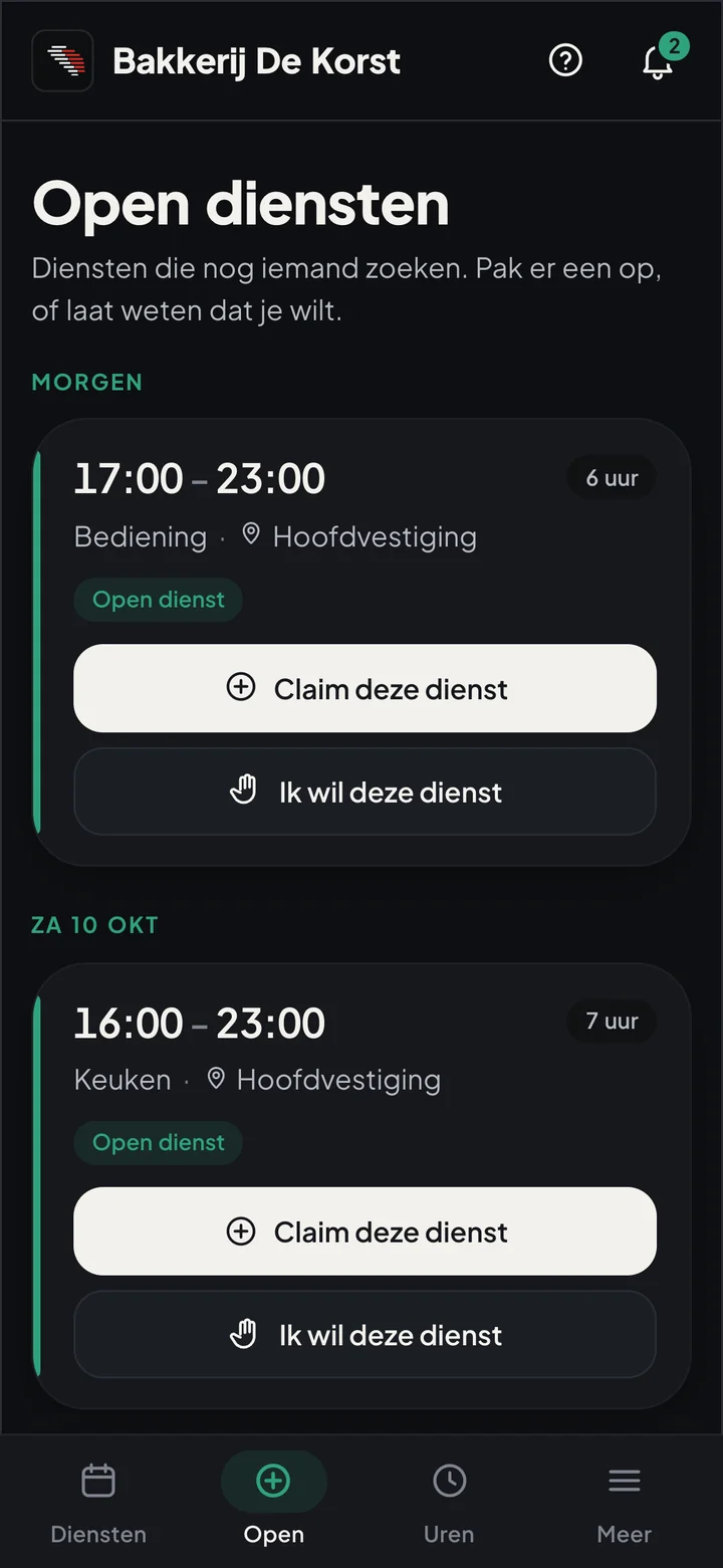 Roosterke-app: open diensten claimen