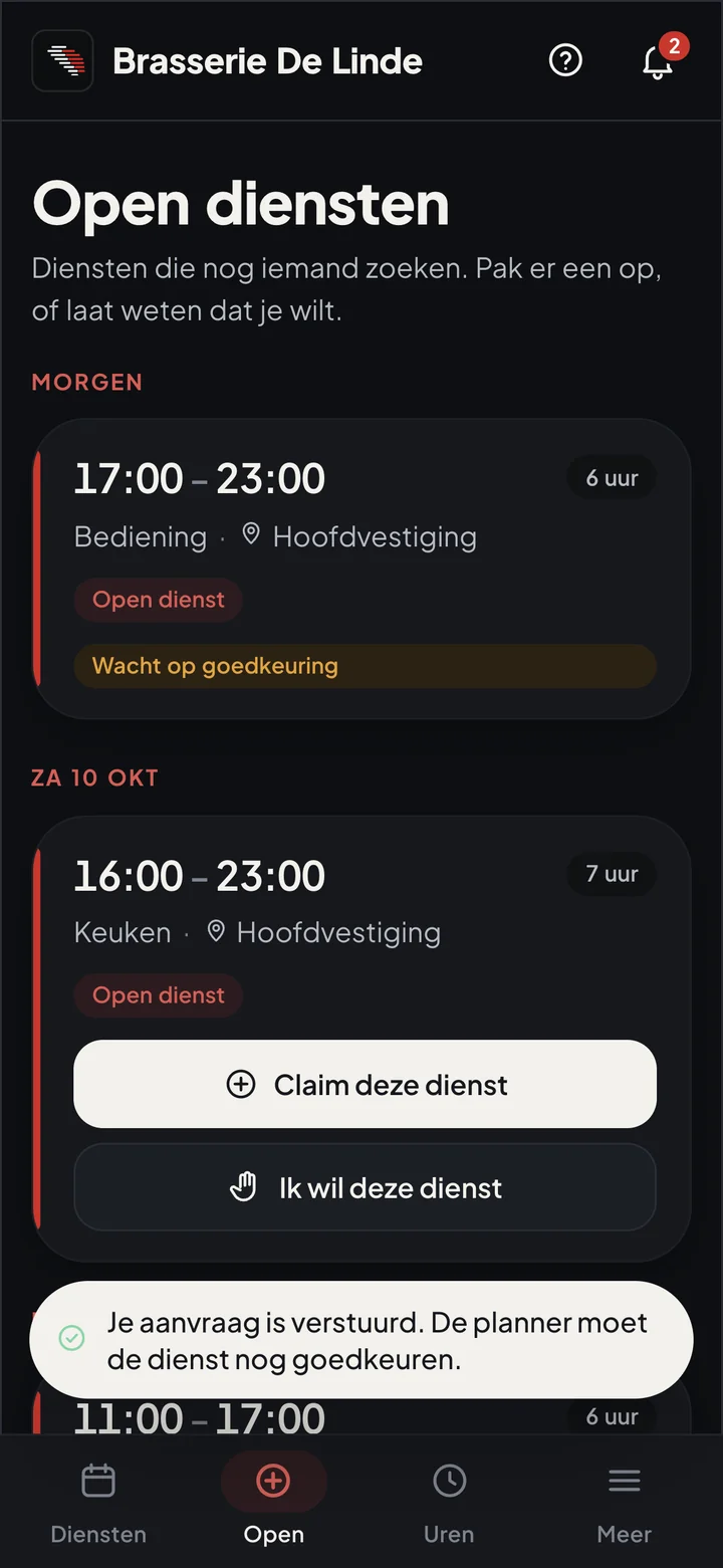 Roosterke-app: aanvraag verstuurd naar de planner