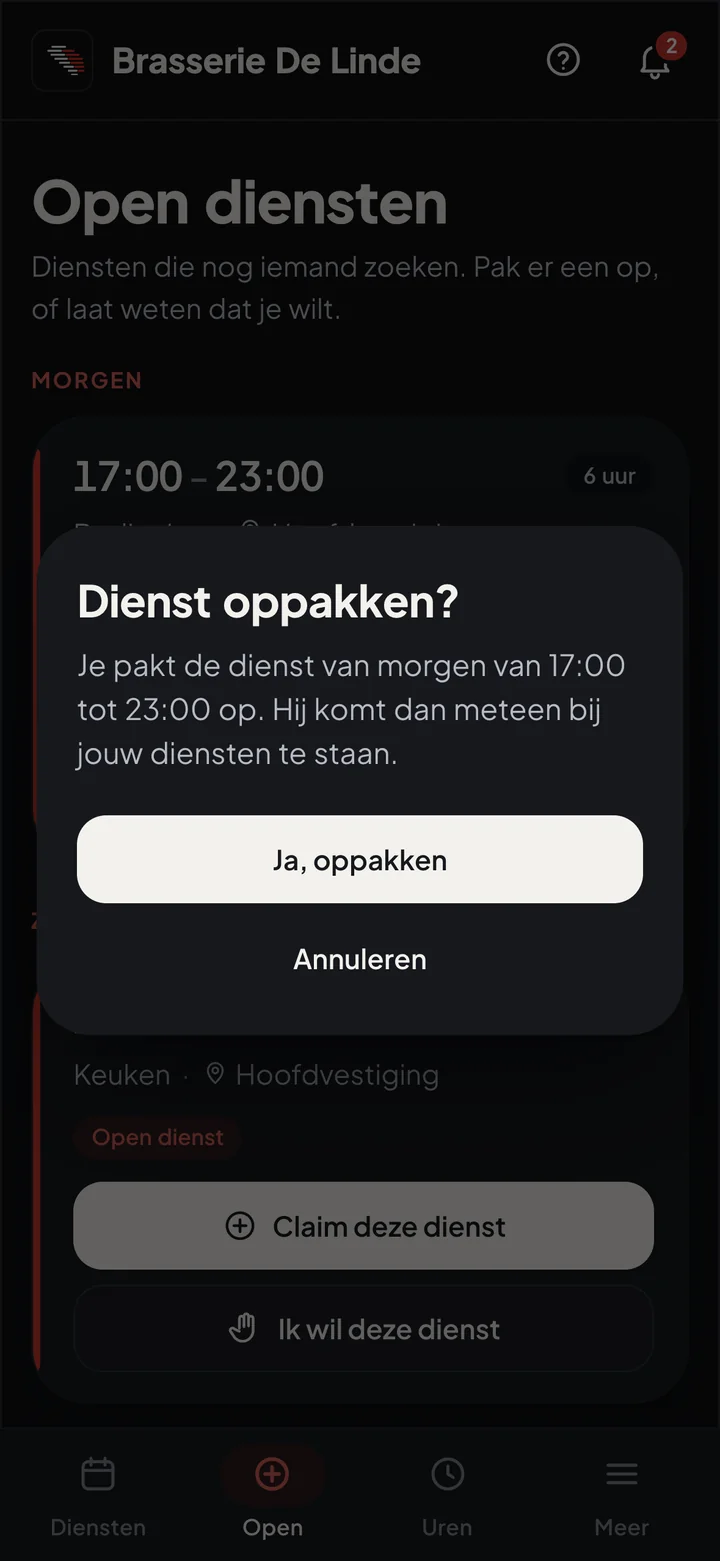 Roosterke-app: bevestigen dat je een dienst oppakt