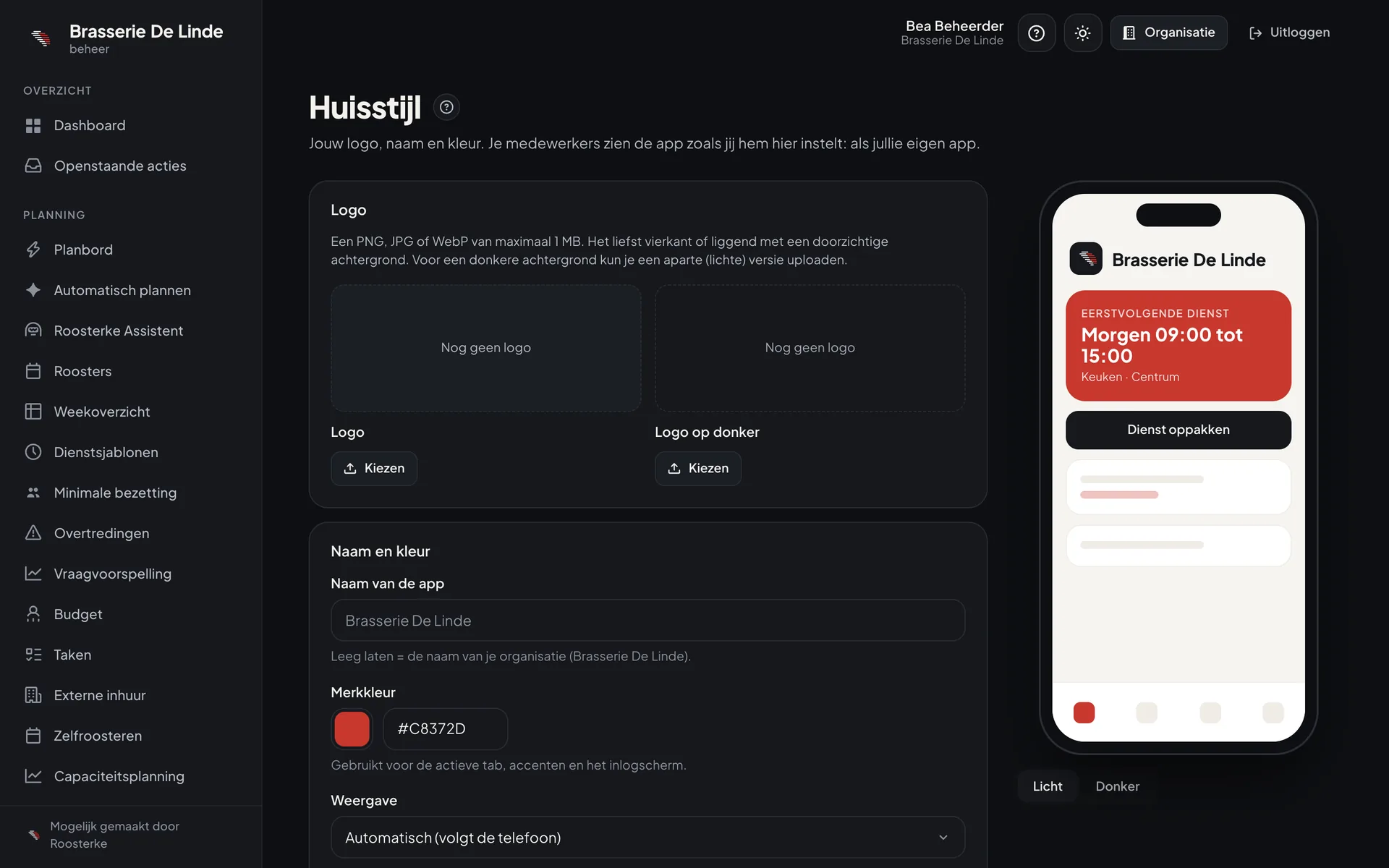 Huisstijl instellen in Roosterke met live voorbeeld van de app